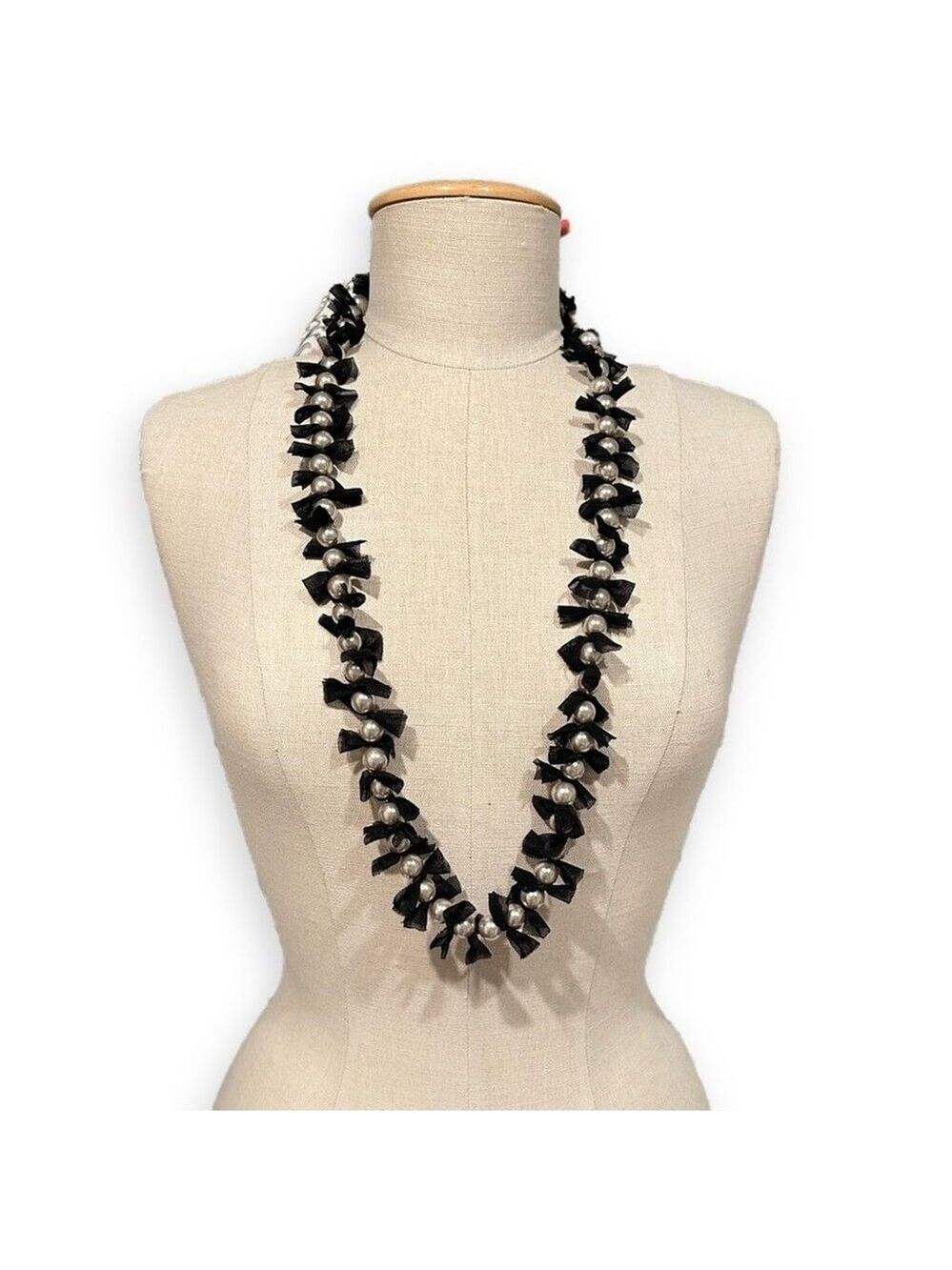 LEE ANGEL for NEIMAN MARCUS Black Ribbon & Pearl Necklace | NWT $198